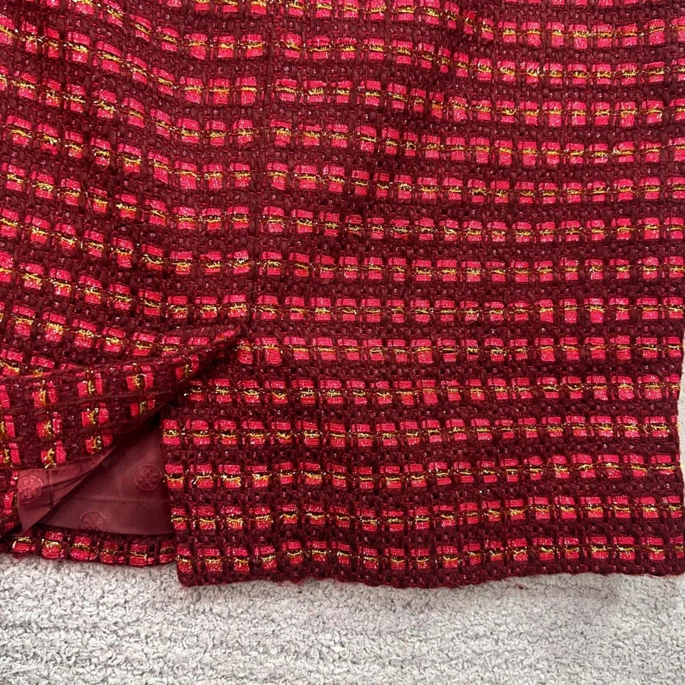 New Tory Burch Metallic Tweed Mini Skirt Burgundy Red Gold 4 Old Money Preppy